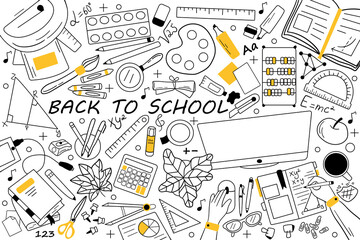 Back to school doodle set. Collection of hand drawn sketches templates patterns of educational equipment books pencil eraser pen for pupils study. Education and getting knowledge illustration.