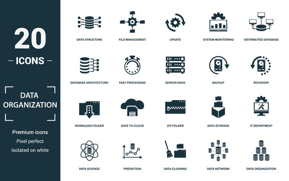 Data Organization Icon Set. Collection Of Simple Elements Such As The Data Structure, File Management, Update, System Monitoring. Data Organization Theme Signs