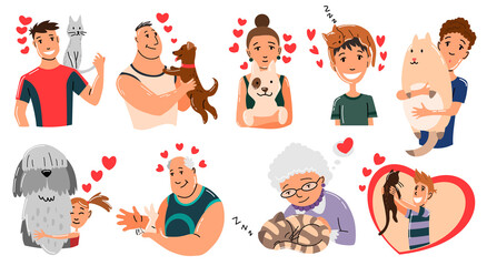 Fototapeta premium People and pets. Cat, dog and rabbit pet owner characters. Man and womans holding on hands his animals. Peoples love his animals. Cute and adorable domestic animals