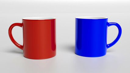 Cup of Coffee, Coffee Mug - Coffee Mug Printing Template. Red and Blue Mug isolated. 3D illustration