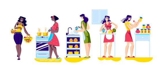 Set of women housewife doing housework in kitchen isolated on white background