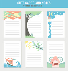 Cards notes. Kids notebook page vector template. Stickers, labels, tags paper sheet illustration. Set of planners and to do lists with simple animal illustrations
