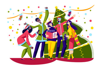 Cheerful people singing Christmas carols. Happy group celebrating xmas eve