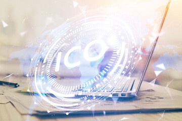 Double exposure of blockchain theme hologram and table with computer background. Concept of bitcoin...