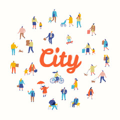 Fototapeta premium City flat vector. People crowd. Male and female flat characters isolated on white background. 