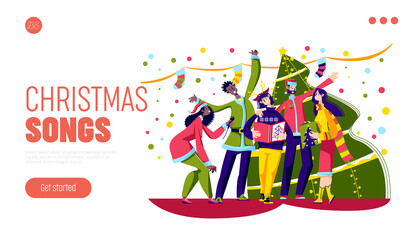 Christmas songs singing landing page template concept with happy people caroling