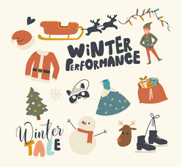 Set of Icons Christmas and Winter Activities. Santa Claus Sledge, Costume and Hat, Sack with Gifts, Decorated Fir Tree