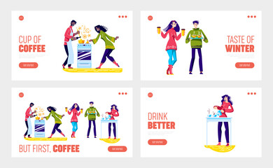 Fototapeta na wymiar People drinking coffee and hot drinks, template landing pages set for web design
