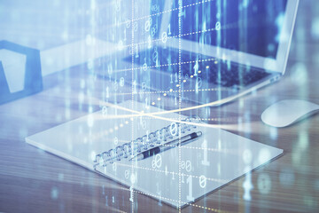 Double exposure of computer and technology theme hologram. Concept of freelance work.