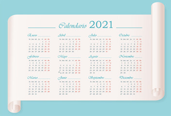 Wall calendar 2021 template in spanish. 12 months on parchment. Week starts on Monday. Horizontal Vector editable calendar design
