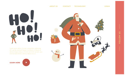 Merry Christmas Happy New Year Celebration Landing Page Template. Cheerful Santa Claus Character in Traditional Costume