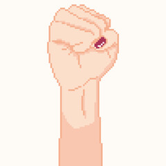 Pixel art demonstration, revolution, protest raised arm fist. Pixel fist. 8 bit. 