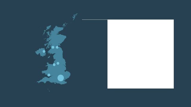 The United Kingdom map animation with map of Europe, cities and text placeholder.