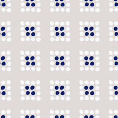 Indigo folk dotted squares seamless vector pattern. Simple design of dots forming little squares. Repeat in white and blue on beige. Great for home décor, fabric, wallpaper, stationery, design project