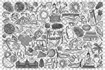 Thailand doodle set. Collection of hand drawn sketches templates of thai culture architecture and national cuisine on transparent background. South eastern country tratidions illustration.