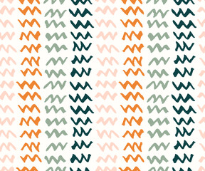 Zigzag vertical stripes seamless vector pattern. Brush strokes forming vertical stripes. Repeat in pink, orange, green on white . Great for home decor, fabric, wallpaper, stationery, design projects.
