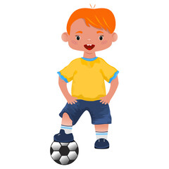 Boy soccer player plays with the ball. The game of the world. Sport. To score a goal into the goal. Flat cartoon style. Fabulous character. White background. Can be used for sports concept in web desi