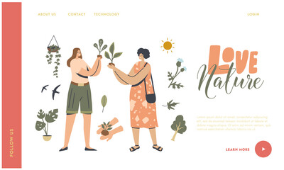 Happy Female Characters Care Plants Landing Page Template. Young d Women Cultivating Green Sprouts and Home Flowers