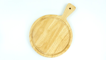 Empty wooden cutting board isolated on white background, Top view Copy space for your text.