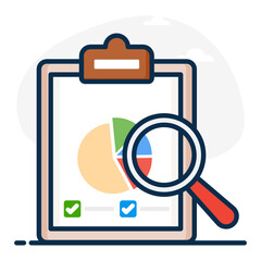 
Pie chart under magnifying glass, audit icon
