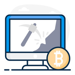 
Icon of bitcoin mining in flat design, btc with pickaxe 
