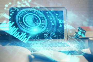 Multi exposure of business theme icons and table with computer background. Concept of success.