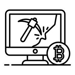 
Icon of bitcoin mining in flat design, btc with pickaxe 
