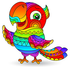 Illustration in stained glass style with a bright rainbow cartoon parrot, figure isolated on a white background
