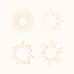 Set of golden celestial sunbursts. Vector isolated illustration in boho style with gold solar bursts.