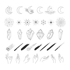 Hand drawn mystic elements. Stars, crystals, hands, esoteric icons, half moon, starburst. Boho design set. © Kirill