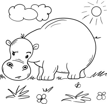 Vector cartoon hippo.Cute little hippo character, hand drawn vector illustration.Coloring book hippopotamus, african, savannah animal.Can be used for t-shirt print, kids wear, baby shower, nursery.