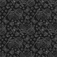 Fototapeta premium Seamless pattern with rose flowers and butterflies, light contour flowers and insects on a dark background