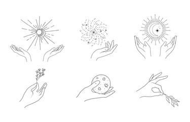 Set of lady hands with crescent moon, celestial sun, galaxy, branches. Astrology human arms with stars in boho style. Esoteric elements.