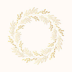 Hand drawn flourish golden wreath with floral branch and herbs. Rustic wedding border for invitation card. Vector isolated gold botanical frame.