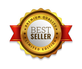 Best seller badge. Premium golden emblem, luxury genuine and highest quality product badge, gold sale offer, round promotion decoration element with red ribbon realistic vector illustration