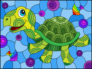 A stained glass illustration with a funny green cartoon turtle on a blue background