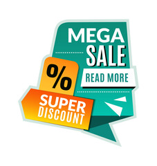 Mega sale tag. Super discount promotional flyer, abstract concept half price website banner, marketing brochure or coupon green and yellow colors vector geometric shapes template