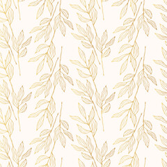 Seamless pattern with golden floral branches and herbs. Elegant gold botanical texture for wedding invitations. Vector isolated spring flourish background for textile.