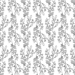Seamless pattern with floral branches and herbs. Elegant botanical texture for wedding invitations. Vector isolated spring flourish background for textile.	