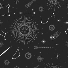Hand drawn seamless pattern with space elements. Texture with celestial sun, falling star, comet, constellations, starburst, arrows. Background in boho style for kids.