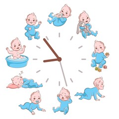 Daily kids routine clocks. Newborn children schedule concept, cartoon baby poster, blond smiling toddler in blue clothes in different poses vector illustration isolated on white background