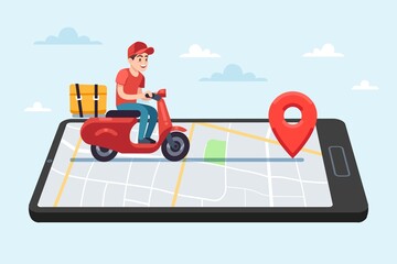 Online food delivery service. Motorcyclist courier on moped with box on smartphone with city map on device screen, character rides to client, shipping parcel flat vector cartoon concept