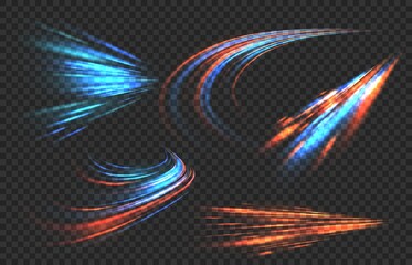 Light motion trails. High speed effect motion blur night lights in blue and red colors, abstract flash perspective road glow streaks long time exposure vector set on transparent background