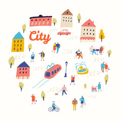 City flat vector. People crowd. Male and female flat characters isolated on white background.	
