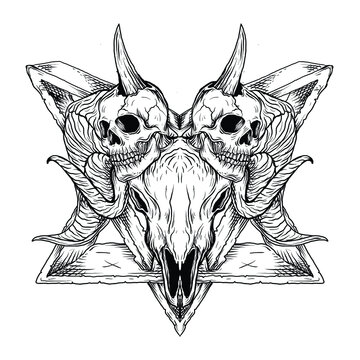 tattoo and t-shirt design black and white hand drawn illustration baphomet satanism goat skull  engraving ornament premium vector