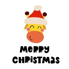 Merry Christmas. Cartoon giraffe, hand drawing lettering. holiday theme. Colorful vector illustration, flat style. design for greeting cards, print, poster