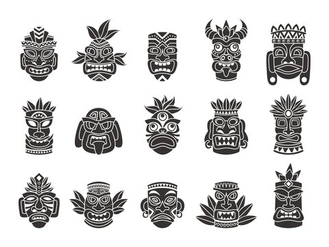 Idol mask. Black silhouette ritual totem tribal god tiki ancient indian or african culture, traditional mayan or aztec wooden symbol, polynesian tattoo pattern face masks vector set