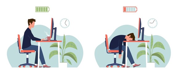 Burnout. Professional burnout syndrome, tired man manager with full and low battery working on computer in workplace, frustrated depressed office worker vector flat cartoon concept