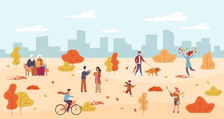 People in autumn park. Men and women walk in public park, rest on bench, characters with umbrella among yellow orange leaves, riding bicycle, walking with dog fall season vector background