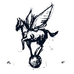 Hand-drawn pegasus standing on a small ball. On a white background - 379331581